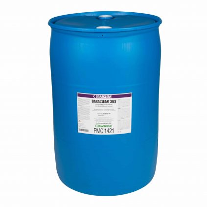 Magnaflux Daraclean 283 Alkaline Aqueous Cleaner shown in 5 and 55 gallons