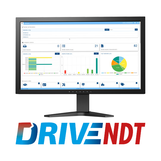 Image of a computer showcasing DRIVE NDT software with a white background and the DRIVE NDT logo visible