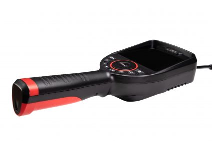 a black and red borescope faces up with a clear view of the buttons and handle