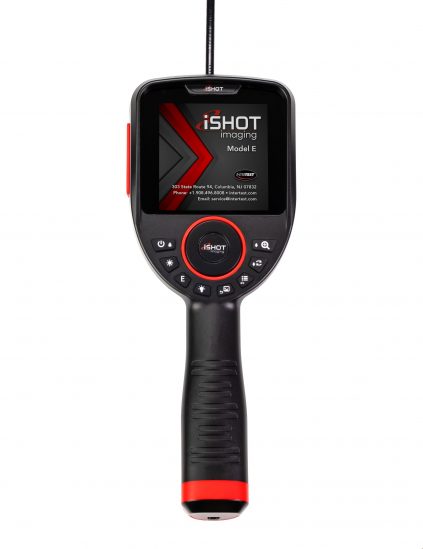 image of a black borescope showing a close up of the buttons and the screen of the device