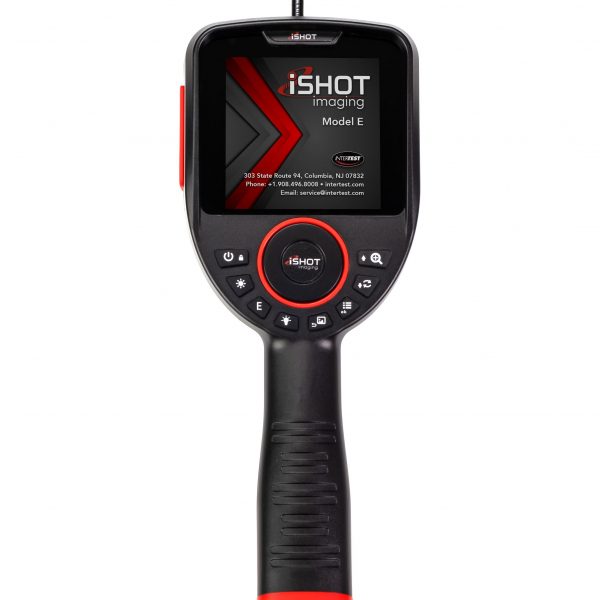 image of a black borescope showing a close up of the buttons and the screen of the device