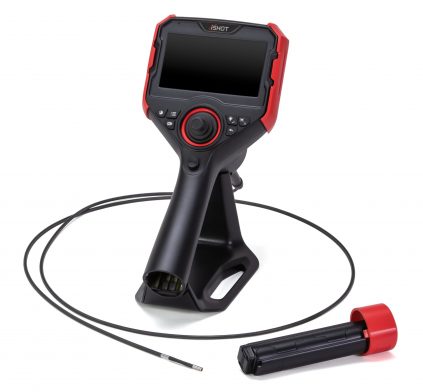 Un vidéoboroscope rouge et noir avec un câble attaché, posé sur une surface plane.