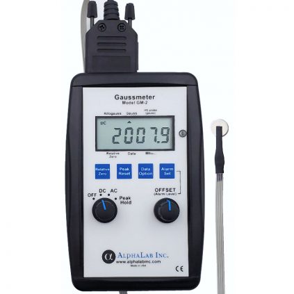 Front view of a gaussmeter, showcasing the display and few features of the monitor.