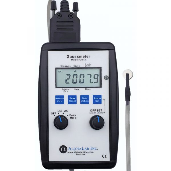 Front view of a gaussmeter, showcasing the display and few features of the monitor.