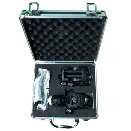 Overview of various accessories and headlamp in a transport case.
