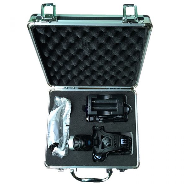 Overview of various accessories and headlamp in a transport case.